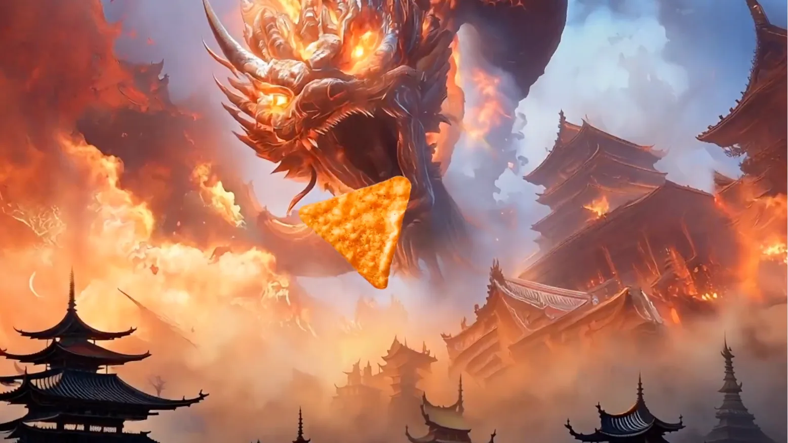 AI render: a fire-breathing dragon over burning temples, a Doritos chip hovering in the flames