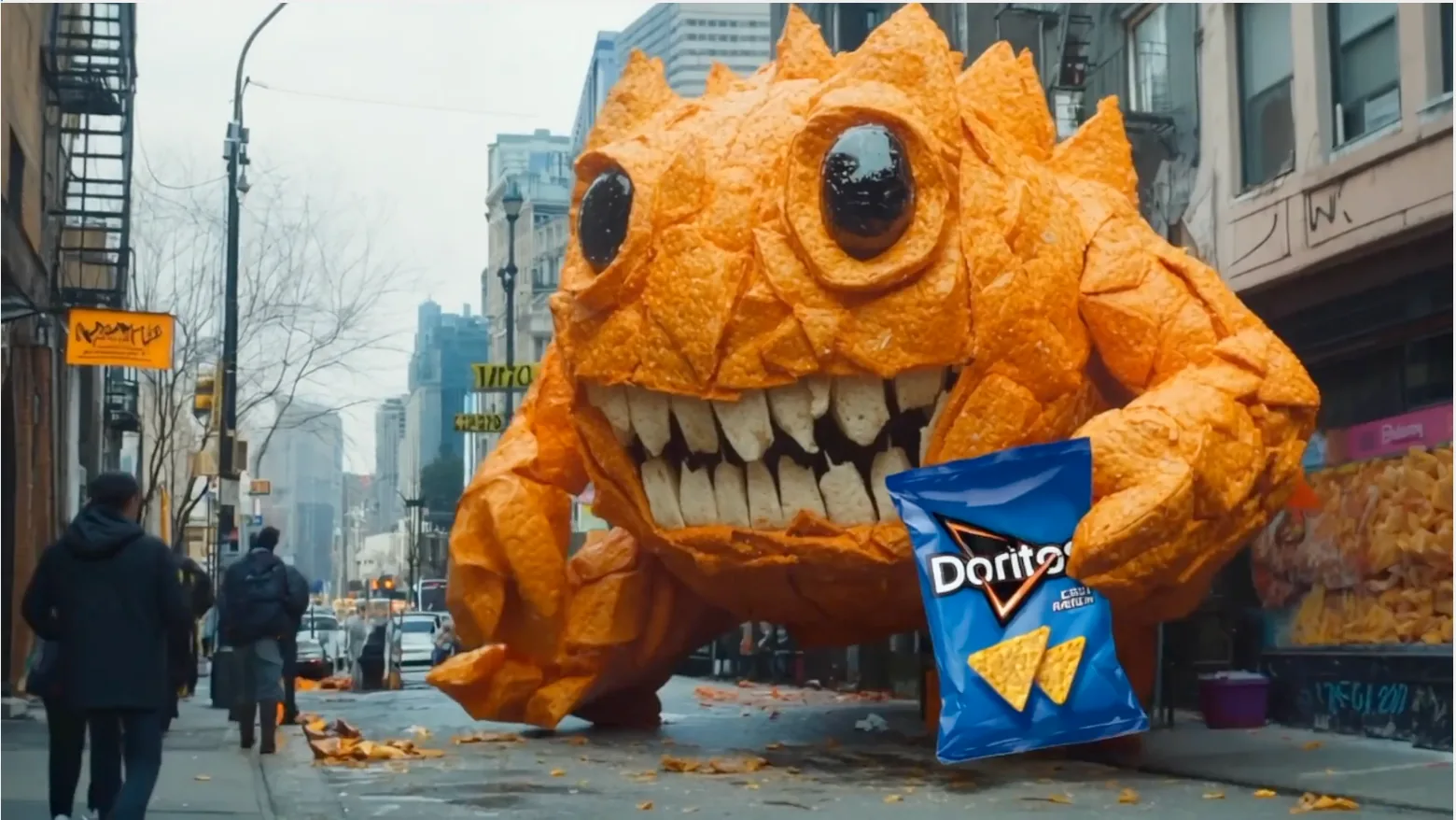 AI render: a giant Doritos-chip monster looming over a city street beside a Doritos bag