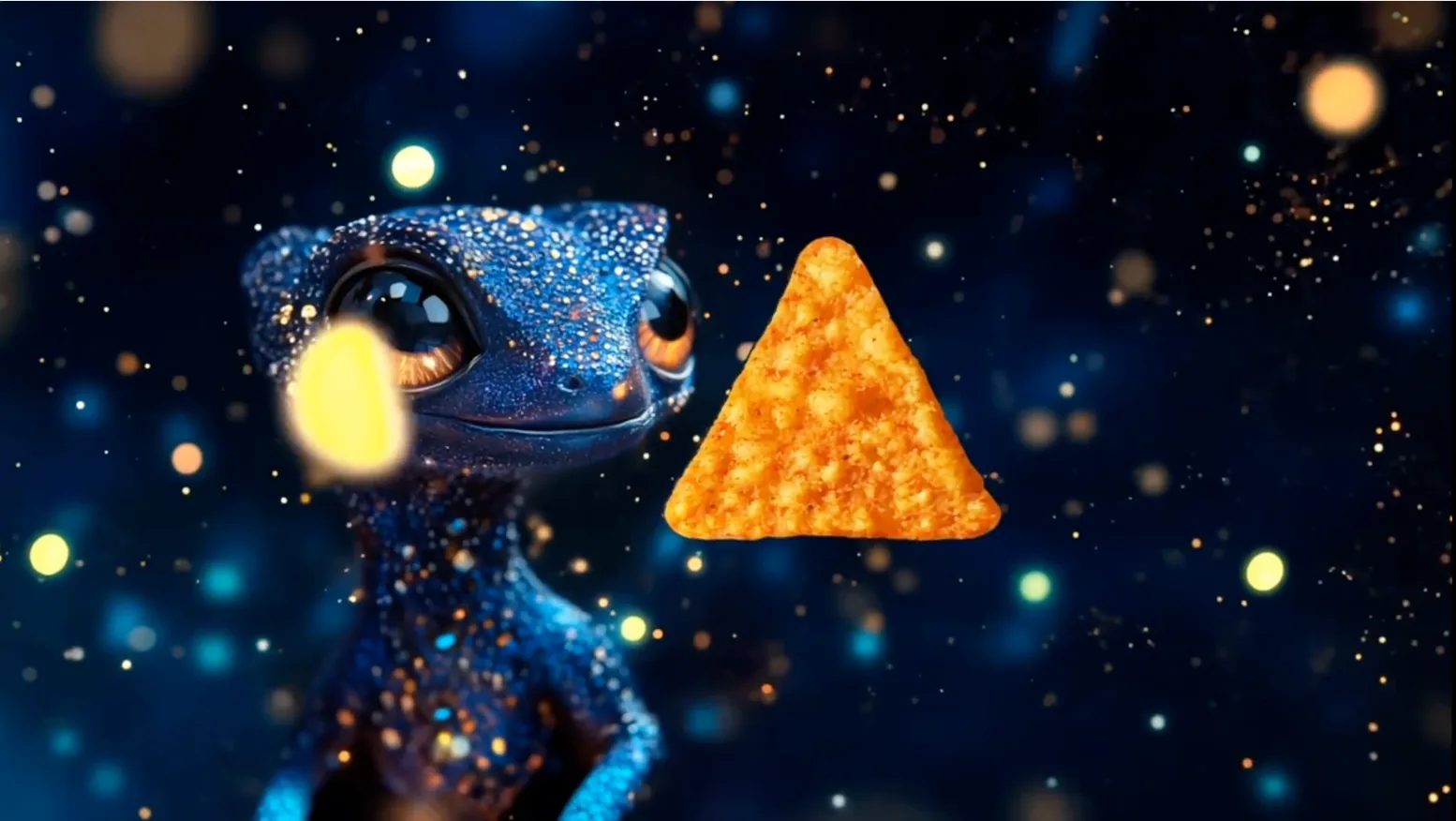 AI render: a glittering blue creature gazing at a floating Doritos chip against a starfield
