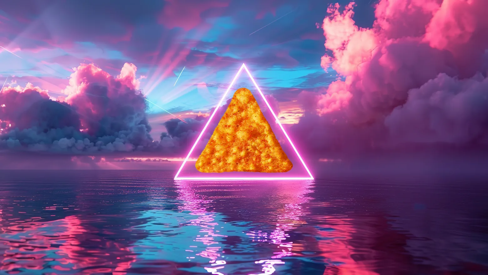 AI render: a single Doritos chip floating inside a neon pink triangle above a glowing sea at dusk
