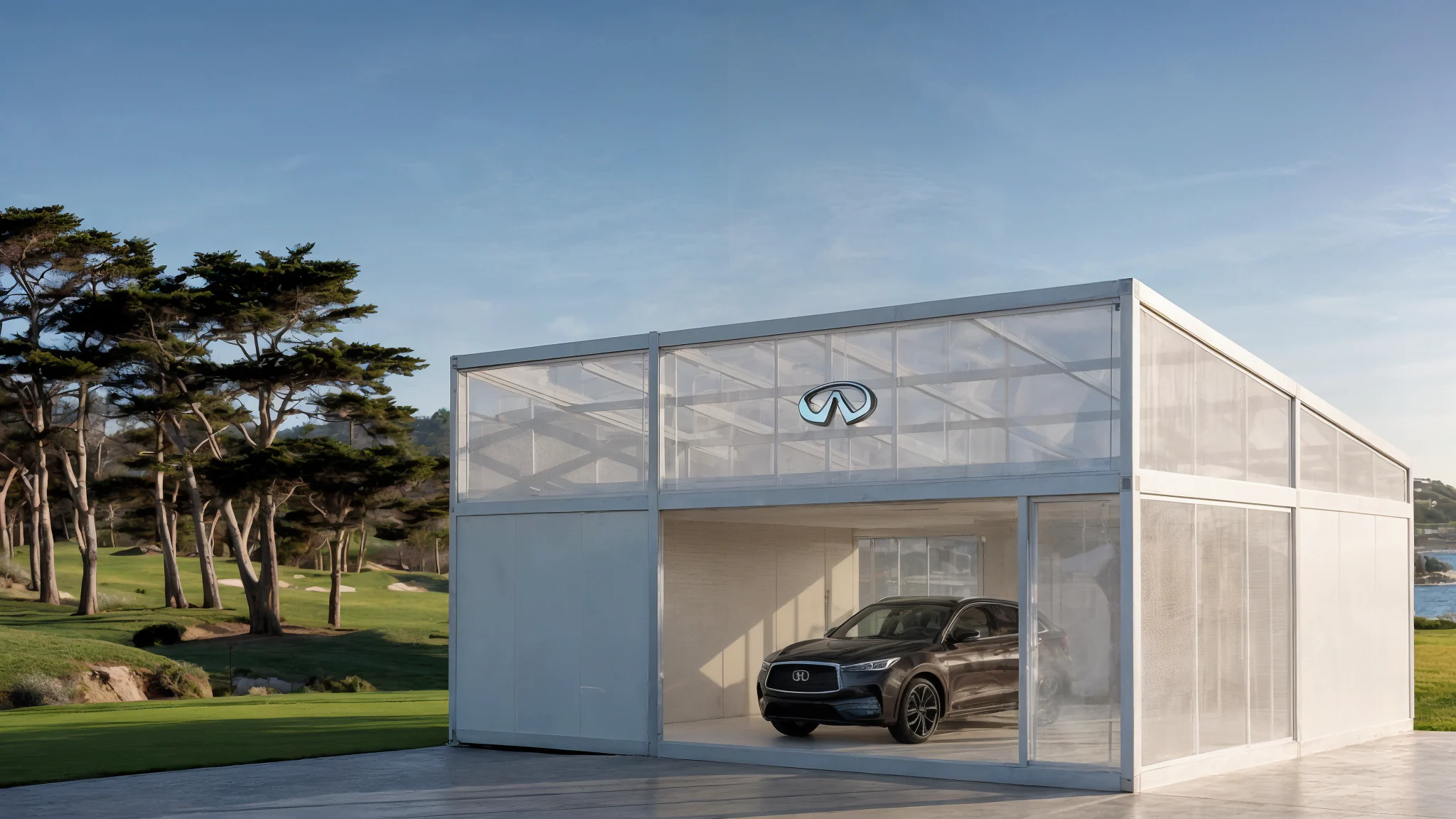 Infiniti pavilion at dusk, cypress trees and coastline