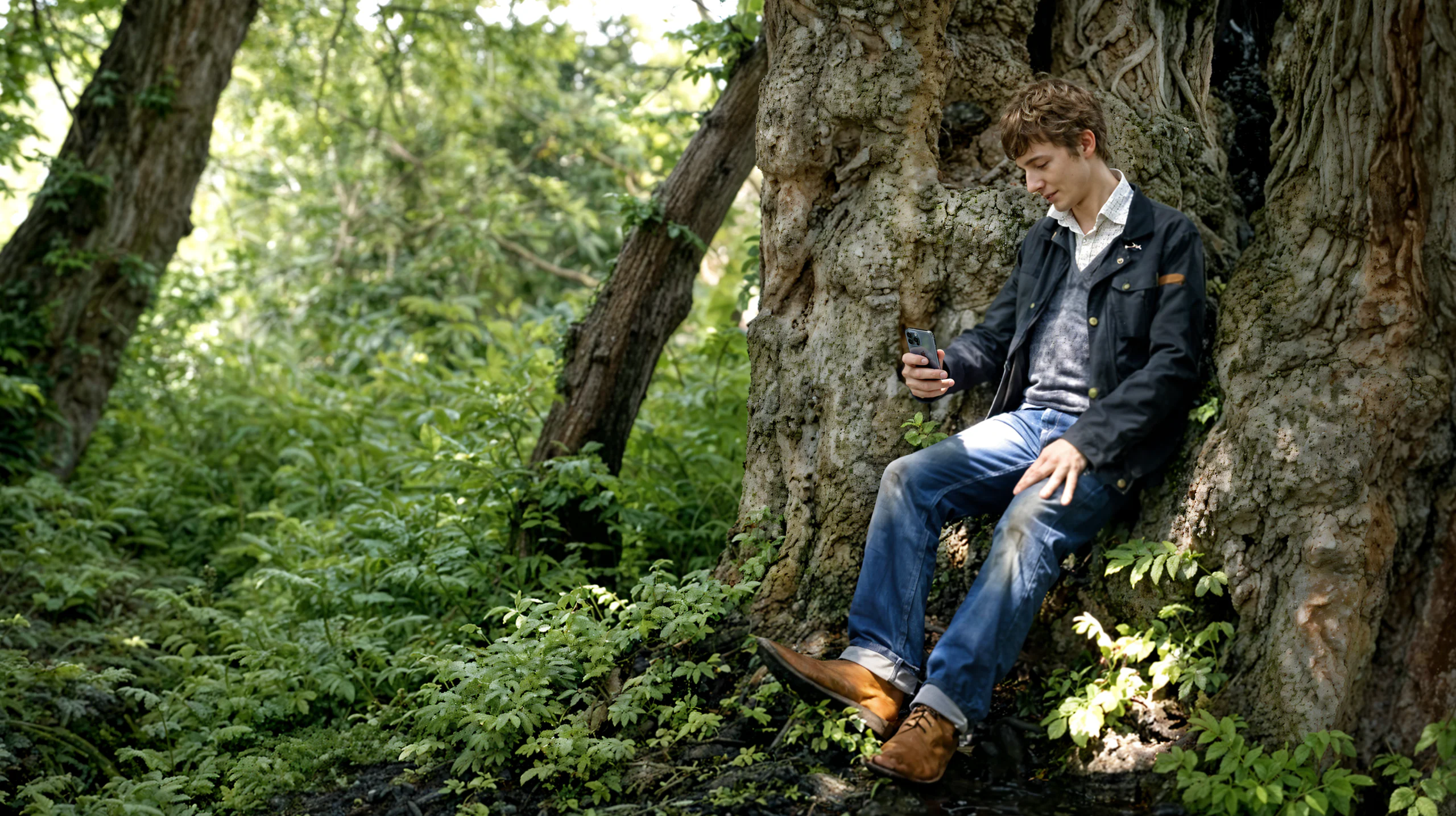 Microsoft campaign still, reading beneath an old tree