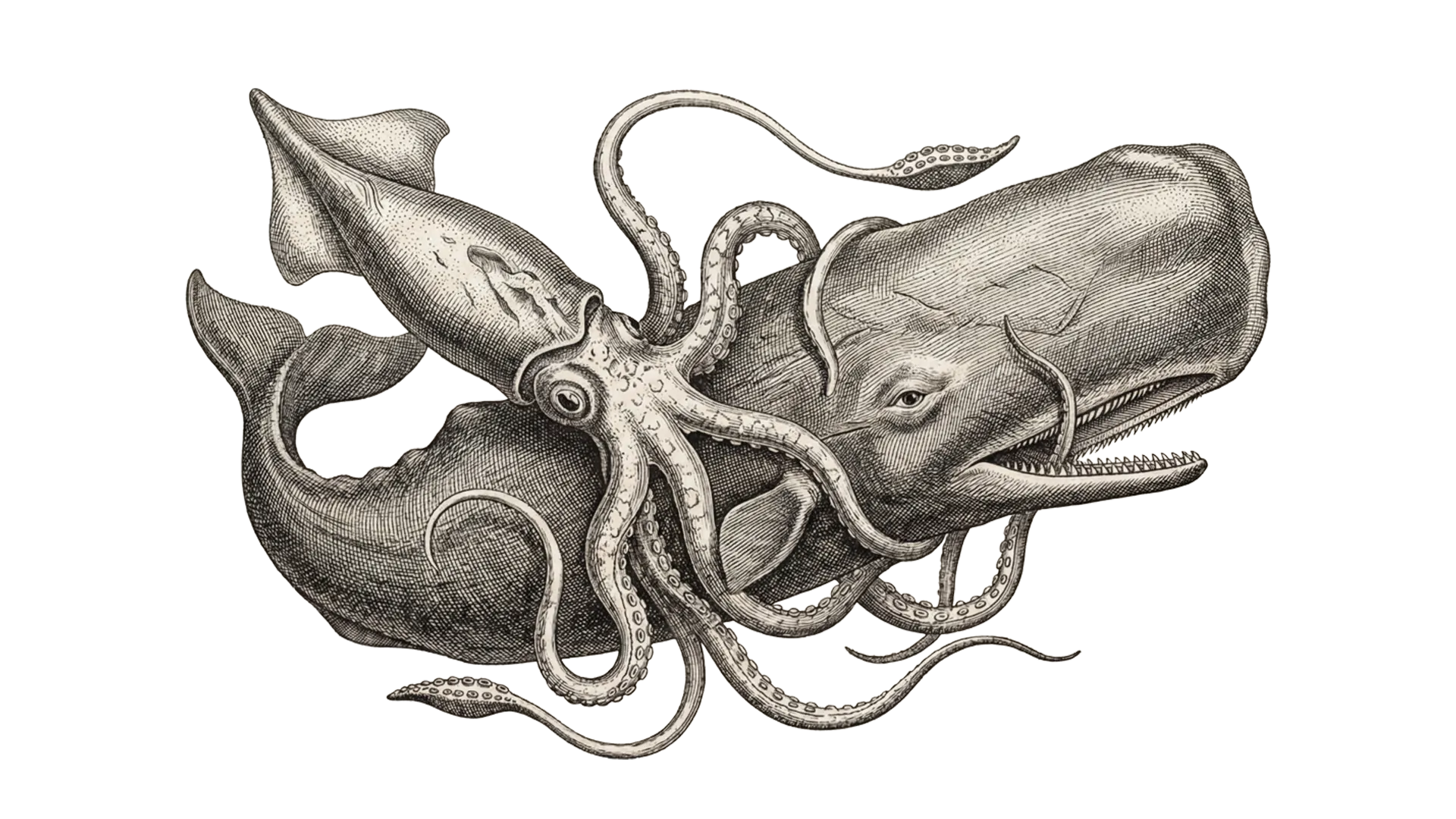 Engraving of a sperm whale entangled with a giant squid